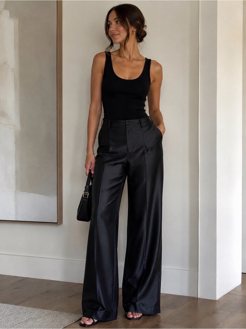 Banana Republic Black Satin Wide-Leg Trousers